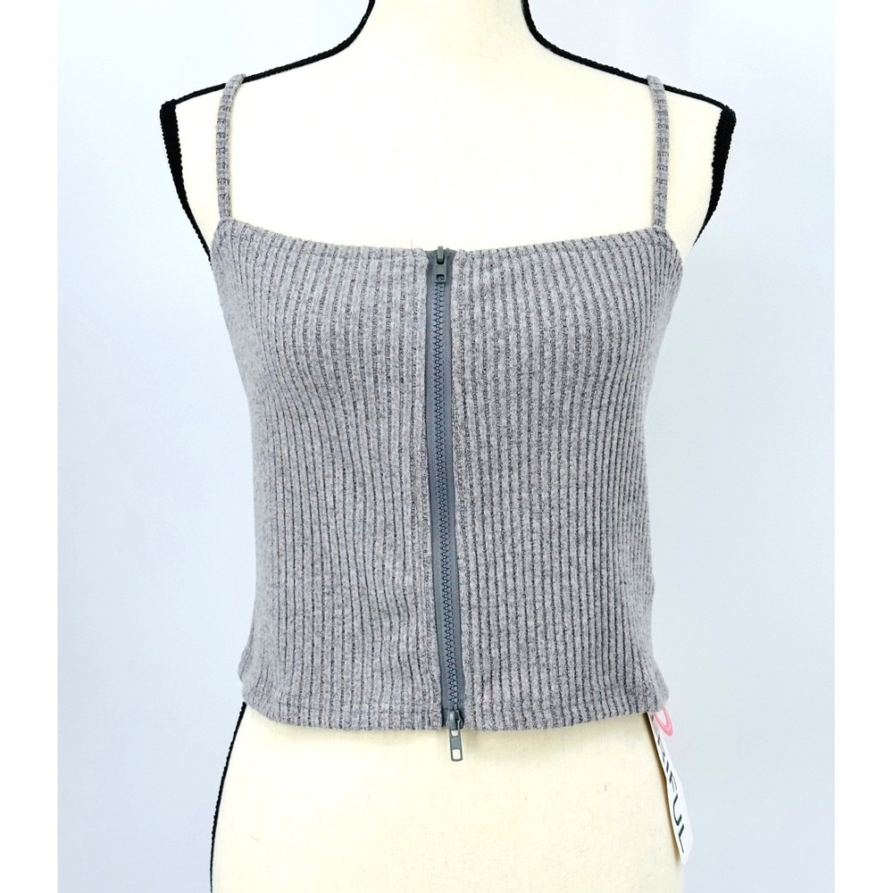 FRIFUL Crop Cami Top Zip-up Gray Ribbed French Terry Junior's XL NWT